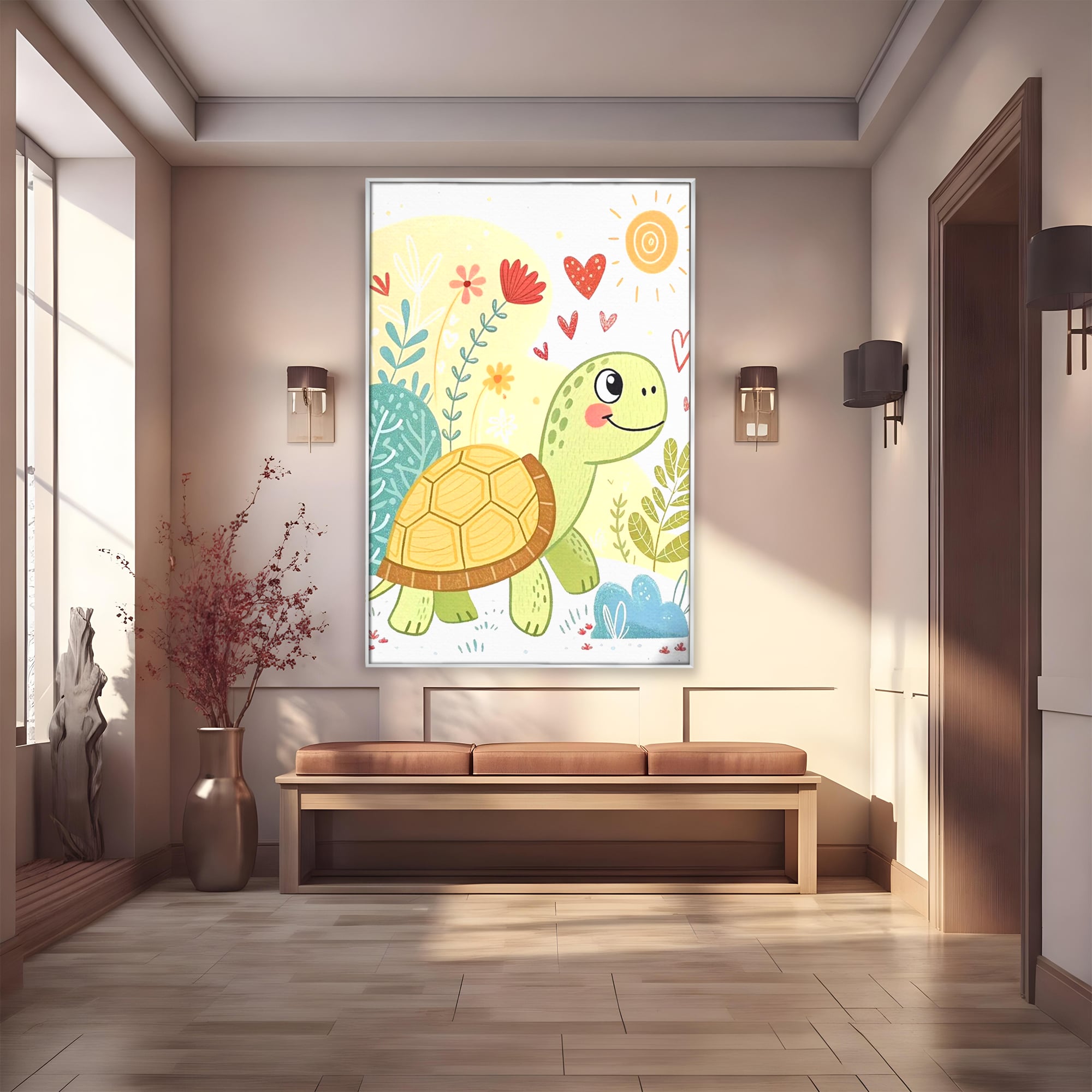 Tablou canvas cu ilustratie cu testoasa vesela printre flori, in rama de aluminiu argintiu